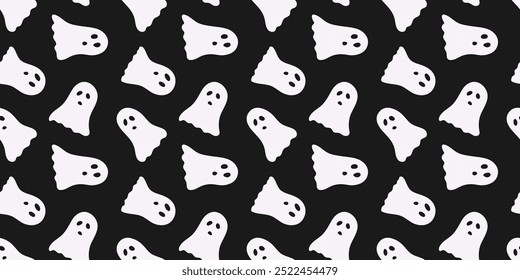 Black Halloween seamless pattern with ghost. Minimalist endless background with Cute repeat Spooky characters. Hand Drawn arts, Doodle design for fabric print