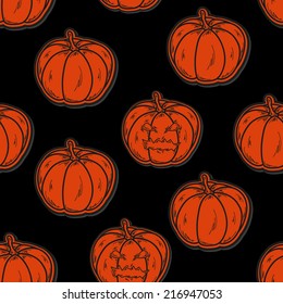 black halloween seamless pattern with orange pumpkins, vector