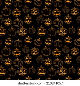 Black halloween seamless vector pattern with jack-o-lantern pumpkin.
