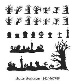 Black Halloween silhouettes of forest trees with spooky branches,  tombstones, crosses and gravestones. Cemetery or graveyard border.