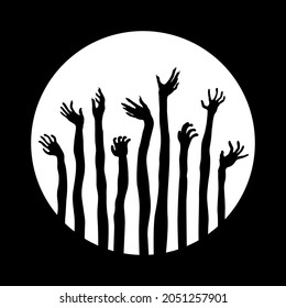 Black halloween sticker. Lots of zombie arms sticking out of graves.