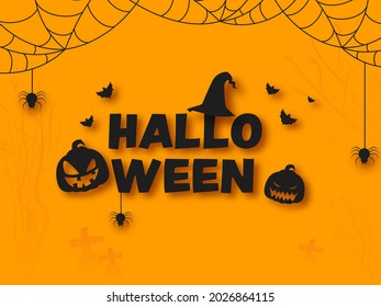 Black Halloween Text With Witch Hat, Scary Pumpkins, Bats Flying And Spider Web On Orange Background.