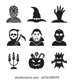 Black Halloween Vector Set. Creepy Symbols and Icons Collection