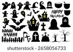 Black Halloween Vector Set. Spooky Halloween Vector Collection of Haunted Mansion, RIP Tombstones, Cauldron, Ghosts and Creepy Trees, RIP Tombstones, and Flying Bats for Decoration. Vector illustrator
