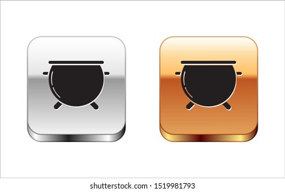 Black Halloween witch cauldron icon isolated on white background. Happy Halloween party. Silver-gold square button. Vector Illustration