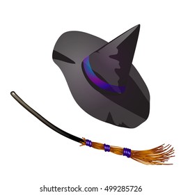 Black halloween witch hat and broom. Sketch for greeting card, festive poster or party invitations. The attributes of the holiday of evil spirit Halloween. Vector.