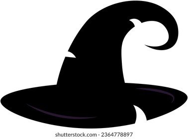 Black Halloween witch hat icon. Wizard spooky hat. Witchcraft. Autumn holiday. Cartoon party decoration. Scary silhouette. Isolated on white background. Vector illustration.