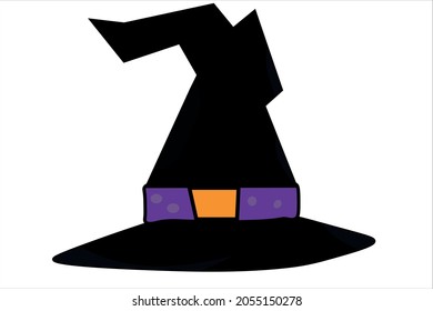 Black halloween witch hat isolated on green background.Halloween witch hat.Witch hat with buckle isolated on green background.Vector Illustration.