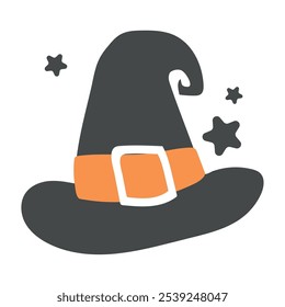 Black Halloween witch hat with orange belt and stars, spooky holiday Vector illustration