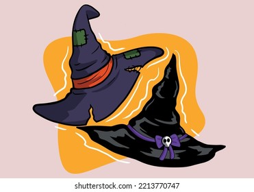 Black Halloween Witch Hat. 
Patched Hat and Purple Ribbon with skull. Vector illüstration EPS10.