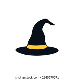 Black halloween witch hat with yellow ribbon. Vector illustration