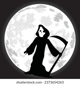 Black Halloweens background  with Grim Reaper on the full moon