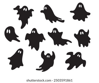 Black haloween funny spooky ghost
silhouettes vector illustration isolated on white background