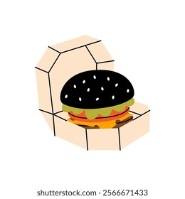 Black hamburger in cardboard box. Traditional American fast food. Vector illustration.