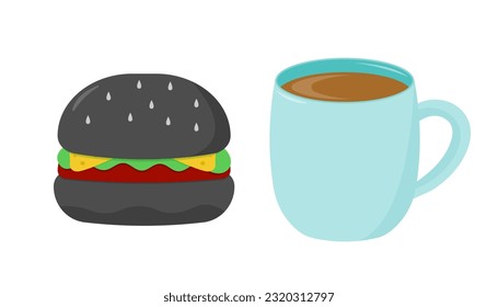 Black hamburger and coffee mug. Vector illustration in a flat style. Isolated on white background.	
