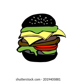 Black hamburger illustration in cartoon style isolated on white background