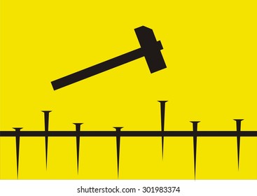 Black hammer driving nails on yellow background vector pattern