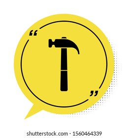 Black Hammer icon isolated on white background. Tool for repair. Yellow speech bubble symbol. Vector Illustration