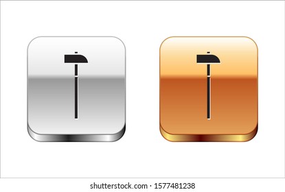 Black Hammer icon isolated on white background. Tool for repair. Silver-gold square button. Vector Illustration