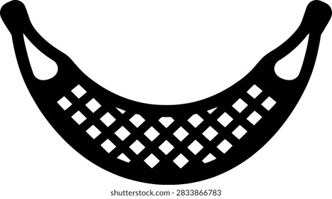 A black hammock icon featuring a netted mesh design symbolizing leisure and rest presented as a flat vector graphic ideal for travel branding.