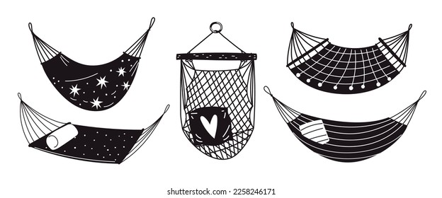 Black hammock icons. Cute hanging beds monochrome silhouette signs. Good resting and comfortable relax. Camping accessories. Rope armchair with pillow. Summer seats
