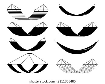 Black hammock icons. Different types camping adaptations, touristic simple silhouettes signs, outdoor relax comfortable objects. Hanging canvas sofas for picnic vector