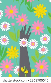 mano negra entre flores de primavera, jardín colorido, colores pastel, fondo verde.