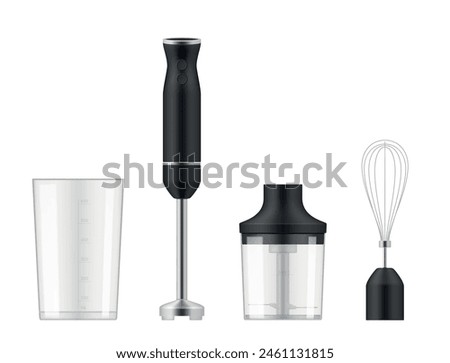 Black hand blender immersion food processor with whisk tools set realistic vector illustration. Electronic appliance for cooking with measuring cup and container cut sharp blade stainless machine