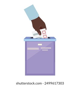 Mano negra en camisa azul poniendo un papel de votación en una urna, ilustrando el concepto de elección y democracia