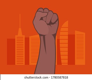 Black hand clenched into a fist in protest against the background of an abstract cityscape. Vector illustration.