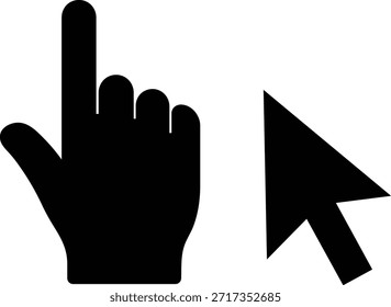 Cursor de mano negro que apunta el dedo y el cursor de flecha en el Hacer clic de ratón de computadora de fondo blanco