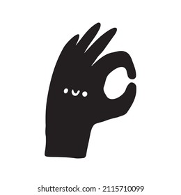 Mano negra con cara linda. Ilustración plana dibujada a mano. Símbolo de OK.