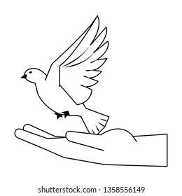 black hand with dove flying cartoon in black and white