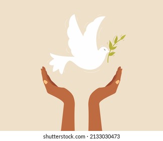 Black hand with dove of peace holding an olive branch. International Day of peace. Vetor illustration cartoon flat style.