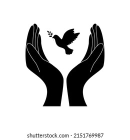 Black hand with dove of peace holding an olive branch. International Day of peace. Vetor illustration cartoon flat style.