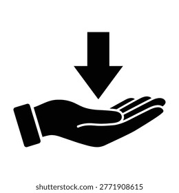 A black hand with a downward pointing arrow above it on a white background, symbolizing giving or receiving something.