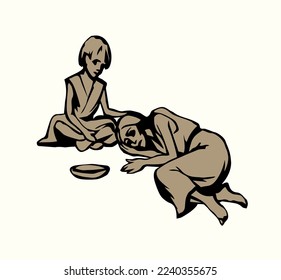 Black hand draw old dirty street slum war crisis stress drug kid prayer cry love care Skinny tired sleep mom hobo parent lie hope sad grief pray beg ask god help food eat lack pain ill die graphic art