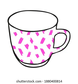 Black hand drawing illustration of a cup for hot tea with pink pattern isolated on a white background