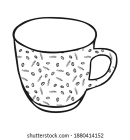 Black hand drawing illustration of a cup for hot tea with coffee pattern isolated on a white background