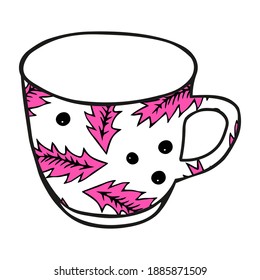 Black hand drawing illustration of a cup for hot tea with pink pattern isolated on a white background