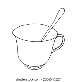 Black hand drawing illustration of a cup with a spoon and hot tea or coffee isolated on a white background
