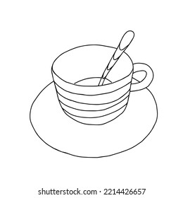 A Black Hand Drawing Illustration Of A Cup With A Spoon And Hot Tea Or Coffee Isolated On A White Background