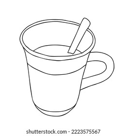 Black Hand Drawing Illustration Of A Cup With A Spoon And Hot Tea Or Coffee Isolated On A White Background