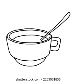 Black hand drawing illustration of a cup with a spoon and hot tea or coffee isolated on a white background