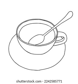 Black hand drawing illustration of a cup with a spoon and hot tea or coffee isolated on a white background