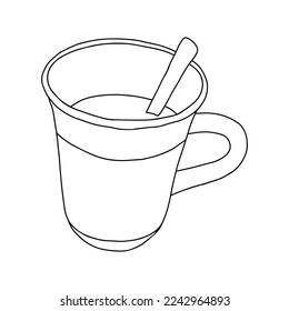 Black hand drawing illustration of a cup with a spoon and hot tea or coffee isolated on a white background