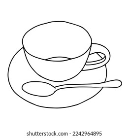 Black hand drawing illustration of a cup with a spoon and hot tea or coffee isolated on a white background