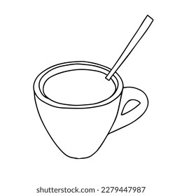 Black hand drawing illustration of a cup with a spoon and hot tea or coffee isolated on a white background