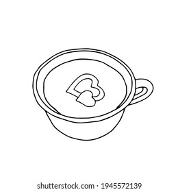 A Black hand drawing illustration of a metal or clay kettle with abstract red pattern and hot water for tea isolated on a white background