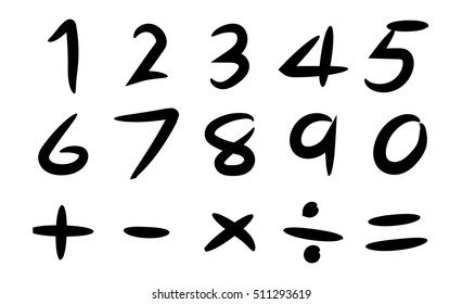 Black hand drawing number and basic math symbol on white background